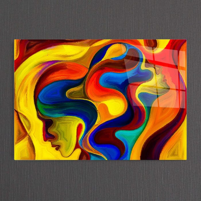 Bourneo Dekoratif Yatay Cam Tablo Abstract Surreal Colorful Faces