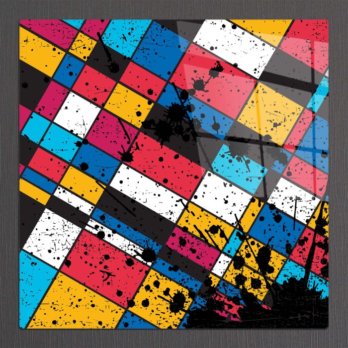 Bourneo Dekoratif Kare Cam Tablo Abstract Splash on Colorful Tetragons