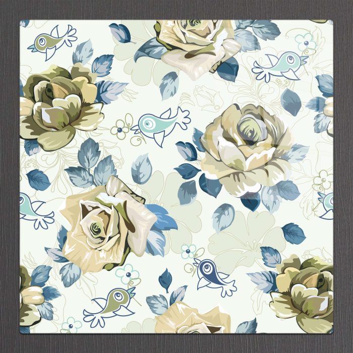 Bourneo Dekoratif Kare Cam Tablo Blue Bird and Roses