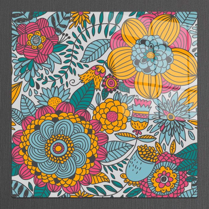 Bourneo Dekoratif Kare Cam Tablo Illustration Yellow and Green Flowers