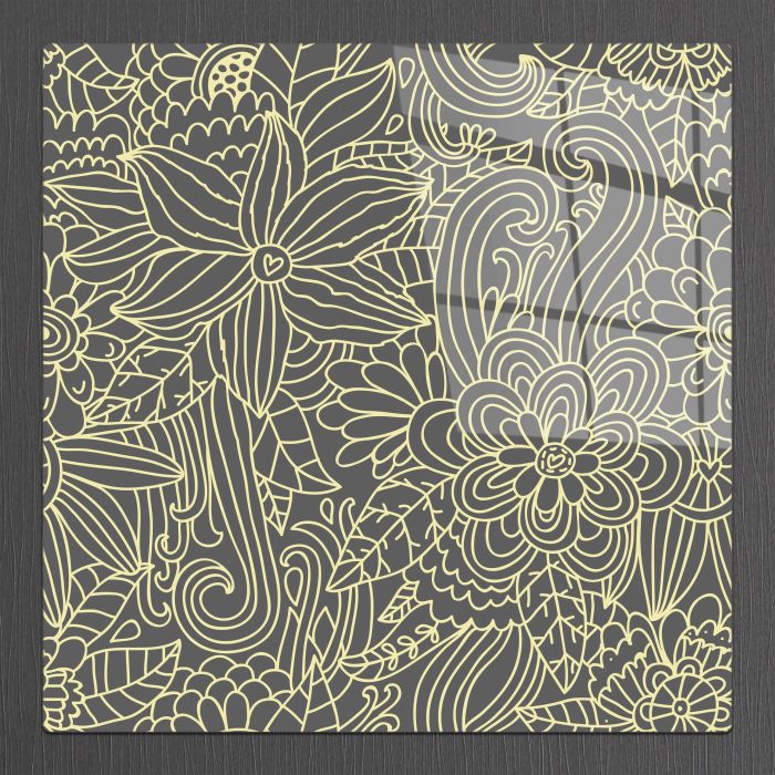 Bourneo Dekoratif Kare Cam Tablo Illustration Floral Grey and Yellow