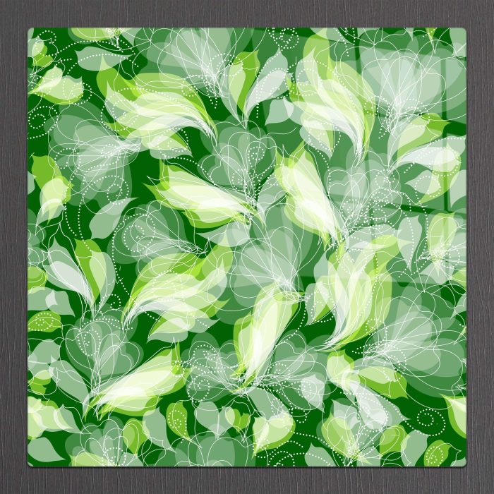 Bourneo Dekoratif Kare Cam Tablo Illustration Green Leaves