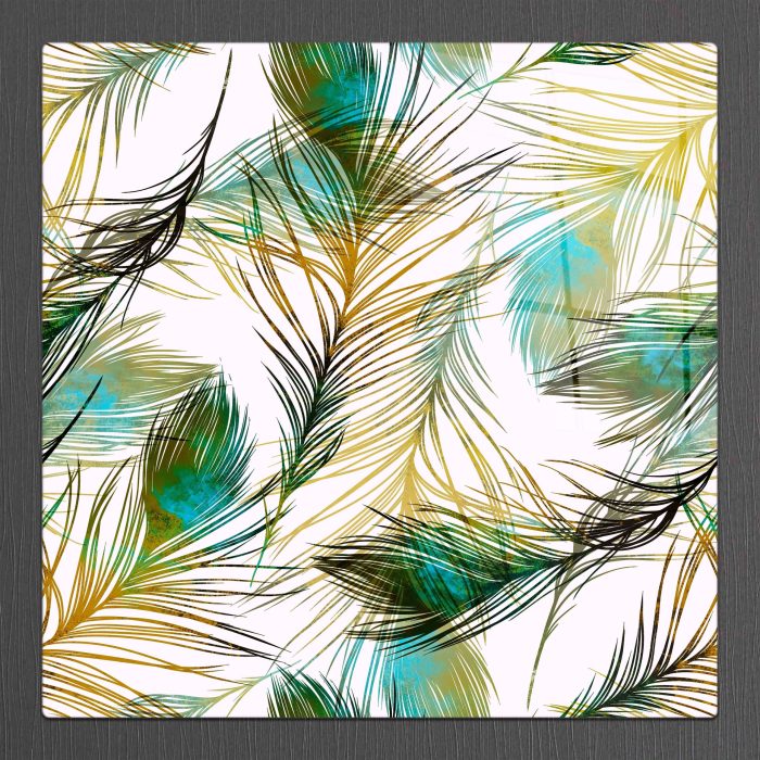 Bourneo Dekoratif Kare Cam Tablo Illustration Peacock Feathers