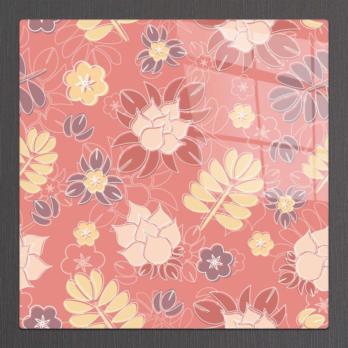 Bourneo Dekoratif Kare Cam Tablo Illustration Foliage Pink