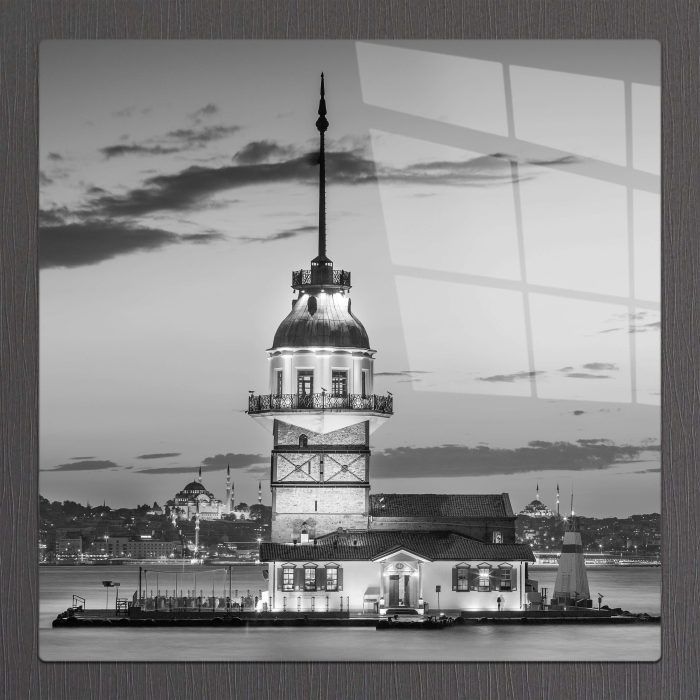 Bourneo Dekoratif Kare Cam Tablo Kız Kulesi Siyah Beyaz