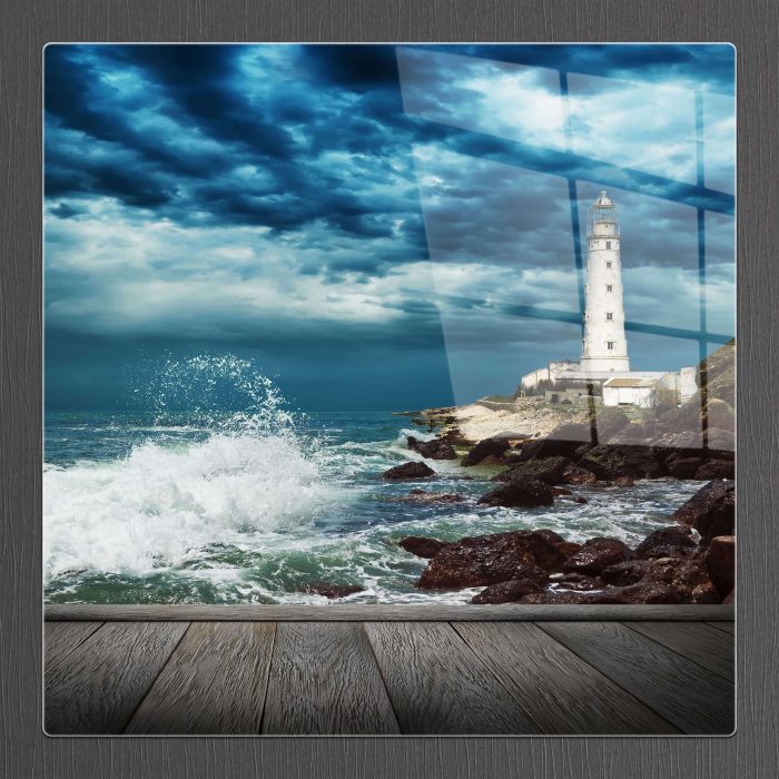Bourneo Dekoratif Kare Cam Tablo Ocean Lighthouse
