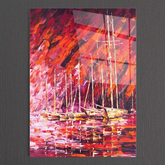 Bourneo Dekoratif Dikey Cam Tablo Abstract Sailboats on Sunset